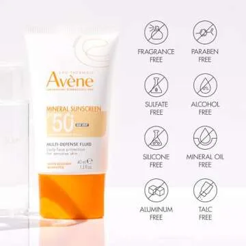 Avene Mineral Sunscreen Multi-Defense Fluid Tinted SPF 50+, Clean Formula Sunscreen for Sensitive Skin, Reef Friendly, Natural Tint, Non-Whitening, Antioxidant Protection, 1.7 Fl Oz