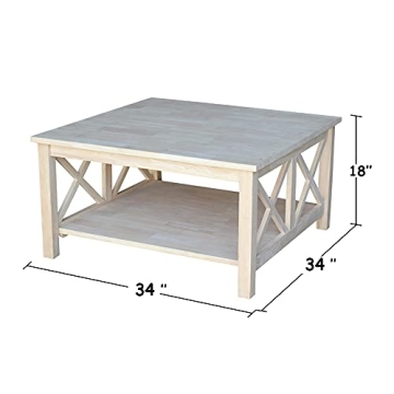 IC International Concepts Hampton Square Coffee Table top/50 pounds Shelf Solid Real Wood, Sturdy Parawood, 36"W x 36"D x 18"H, DIY, Paint/Stain Ready, Unfinished