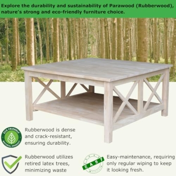 IC International Concepts Hampton Square Coffee Table top/50 pounds Shelf Solid Real Wood, Sturdy Parawood, 36"W x 36"D x 18"H, DIY, Paint/Stain Ready, Unfinished