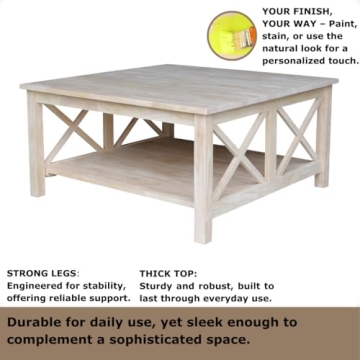 IC International Concepts Hampton Square Coffee Table top/50 pounds Shelf Solid Real Wood, Sturdy Parawood, 36"W x 36"D x 18"H, DIY, Paint/Stain Ready, Unfinished