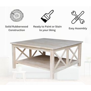 IC International Concepts Hampton Square Coffee Table top/50 pounds Shelf Solid Real Wood, Sturdy Parawood, 36"W x 36"D x 18"H, DIY, Paint/Stain Ready, Unfinished