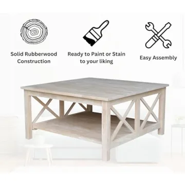 IC International Concepts Hampton Square Coffee Table top/50 pounds Shelf Solid Real Wood, Sturdy Parawood, 36"W x 36"D x 18"H, DIY, Paint/Stain Ready, Unfinished