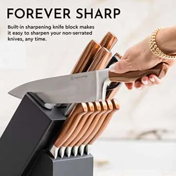 Copper Knife Set with Block and Sharpener – 14-Piece Rose Gold Knives with Black Knife Block and B...