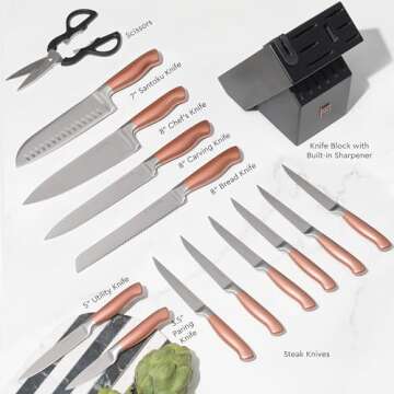 Copper Knife Set with Block – 14-Piece Rose Gold Knives