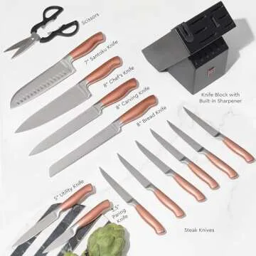 Copper Knife Set with Block – 14-Piece Rose Gold Knives