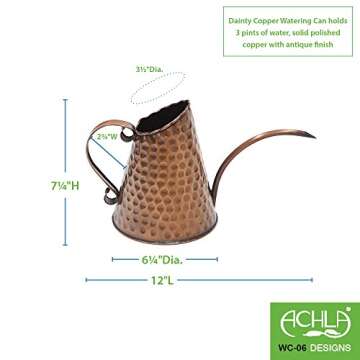 Achla Designs Dainty Hammered Copper Watering Can, 3 Pint