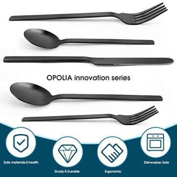 Matte Black Silverware Set，OPOLIA 30-Piece Stainless Steel Flatware Cutlery Set for 6，Stain Finish Tableware Eating Utensils, Food Grade, Dishwasher Safe