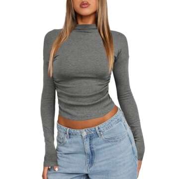 Darong Women's Long Sleeve Mock Neck Slim Fit Crop Top Ribbed Kint Y2K Casual T-Shirt Tops 9030B Dark Grey Small