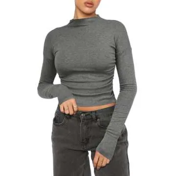 Darong Women's Long Sleeve Mock Neck Slim Fit Crop Top Ribbed Kint Y2K Casual T-Shirt Tops 9030B Dark Grey Small