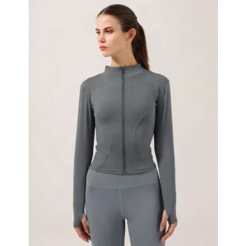 Locachy Women's Lightweight Stretchy Workout Full Zip Running Track Jacket with Thumb Holes Grey M
