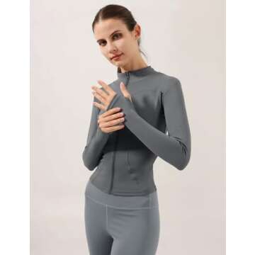 Locachy Women's Lightweight Stretchy Workout Full Zip Running Track Jacket with Thumb Holes Grey M