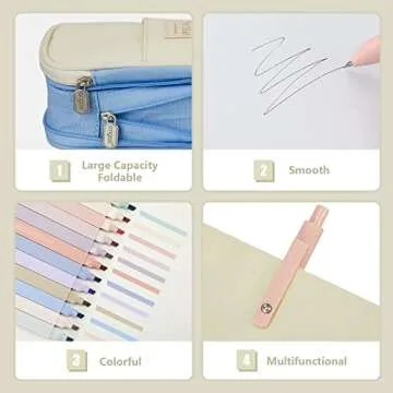 Henoyso 18 Pcs Aesthetic Bible Study Supplies Include Big Capacity Pen Bag with Zipper 12 Pcs Chisel Tip Bible Highlighters 5 Pcs Quick Dry Retractable Black Ink Pens for Office(Light Blue)