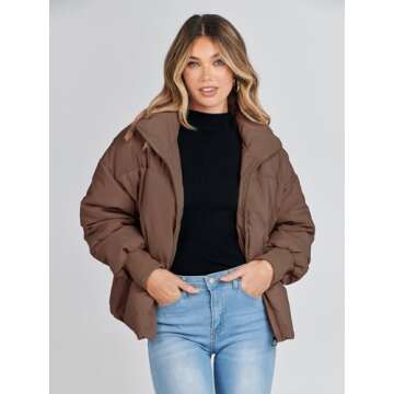 MEROKEETY Women's 2024 Winter Long Sleeve Zip Puffer Jacket Baggy Short Coats, Coffee, L