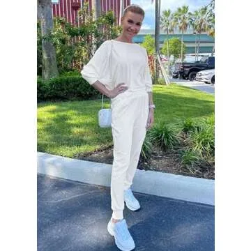 PRETTYGARDEN Women's Fall Fashion Outfits 2 Piece Sweatsuit Long Sleeve Pullover Long Pants Ribbed Matching Lounge Set (Off-white,Small)