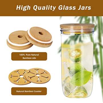 LINSHRY Reusable Boba Cup Bubble Tea Cup 2 Pack, 24oz Mason Jar with Bamboo Lid and Stainless Straw, Wide Mouth Smoothie Cup Glass Tumbler for Iced Coffee Large Pearl Juices