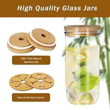 LINSHRY Reusable Boba Cup Bubble Tea Cup 2 Pack, 24oz Mason Jar with Bamboo Lid and Stainless Straw, Wide Mouth Smoothie Cup Glass Tumbler for Iced Coffee Large Pearl Juices