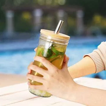 LINSHRY Reusable Boba Cup Bubble Tea Cup 2 Pack, 24oz Mason Jar with Bamboo Lid and Stainless Straw, Wide Mouth Smoothie Cup Glass Tumbler for Iced Coffee Large Pearl Juices