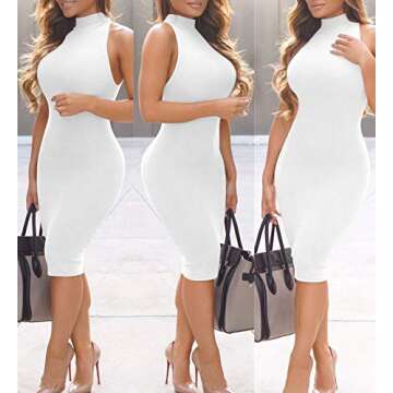 GOBLES Women's Sexy Halter High Neck Elegant Sleeveless Bodycon Midi Club Dress White