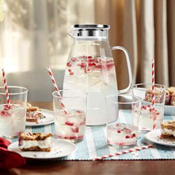 Aofmee Glass Pitcher, 68oz Water Pitcher with Lid and Precise Scale Line, 18/8 Stainless Steel Iced ...