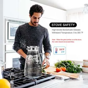 Aofmee Glass Pitcher, 68oz Water Pitcher with Lid and Precise Scale Line, 18/8 Stainless Steel Iced Tea Easy Clean Heat Resistant Borosilicate Jug for Juice, Milk, Cold or Hot Beverages