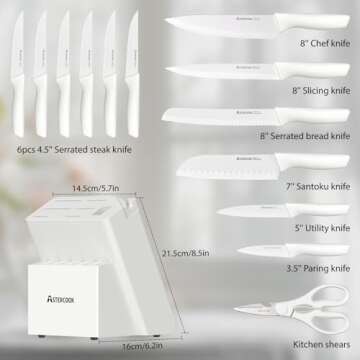 Astercook Knife Set for Kitchen 15 Piece with Block and Sharpener Kitchen Knives with Ceramic Coating Sharp Blade Dishwasher Safe Knife Block Set with Anti-slip Ergonomic Handle, Elegant White