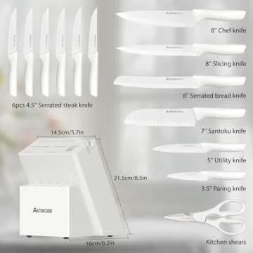 Astercook Knife Set for Kitchen 15 Piece with Block and Sharpener Kitchen Knives with Ceramic Coating Sharp Blade Dishwasher Safe Knife Block Set with Anti-slip Ergonomic Handle, Elegant White