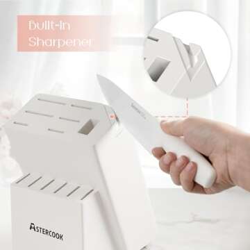 Astercook Knife Set for Kitchen 15 Piece with Block and Sharpener Kitchen Knives with Ceramic Coating Sharp Blade Dishwasher Safe Knife Block Set with Anti-slip Ergonomic Handle, Elegant White