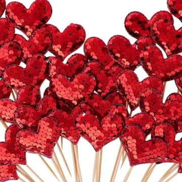 60Pieces Heart Cupcake Toppers Red Valentines Day Cupcake Toppers Decorations Double Colors Heart Sh...