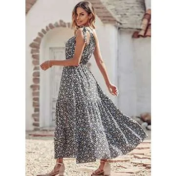 PRETTYGARDEN Women's Floral Maxi Dress 2024 Knot One Shoulder Sleeveless Ruffle Hem Flowy Boho Dresses(Black Blue,Small)