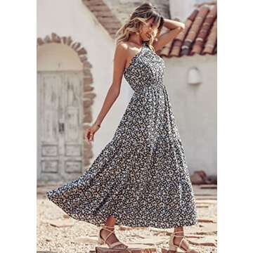 PRETTYGARDEN Women's Floral Maxi Dress 2024 Knot One Shoulder Sleeveless Ruffle Hem Flowy Boho Dresses(Black Blue,Small)