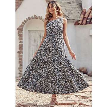 PRETTYGARDEN Women's Floral Maxi Dress 2024 Knot One Shoulder Sleeveless Ruffle Hem Flowy Boho Dresses(Black Blue,Small)