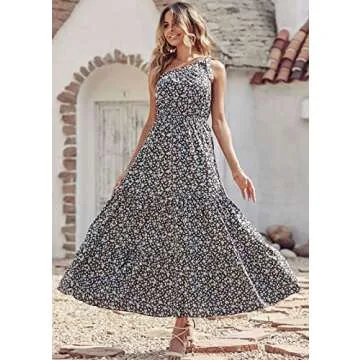 PRETTYGARDEN Women's Floral Maxi Dress 2024 Knot One Shoulder Sleeveless Ruffle Hem Flowy Boho Dresses(Black Blue,Small)