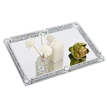 YCWF Large Mirror Perfume Tray for Dresser,Crushed Diamond Filled Glass Vanity Tray, Silver Decorative Bathroom Tray,Crystal Tray for Home Decorative,Party,Hotel Banquet,15.7x11.8x1.4inch