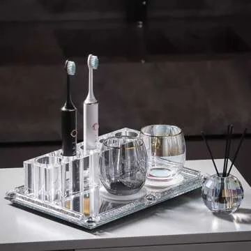 YCWF Large Mirror Perfume Tray for Dresser,Crushed Diamond Filled Glass Vanity Tray, Silver Decorative Bathroom Tray,Crystal Tray for Home Decorative,Party,Hotel Banquet,15.7x11.8x1.4inch