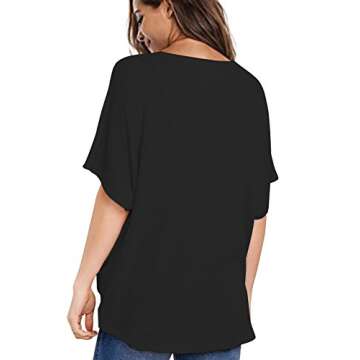 MIHOLL Womens Loose Blouse Short Sleeve V Neck Button Down T Shirts Tie Front Knot Casual Tops (Small, Black)