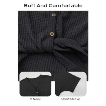 MIHOLL Womens Loose Blouse Short Sleeve V Neck Button Down T Shirts Tie Front Knot Casual Tops (Small, Black)