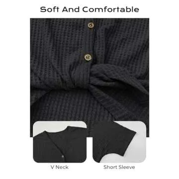 MIHOLL Womens Loose Blouse Short Sleeve V Neck Button Down T Shirts Tie Front Knot Casual Tops (Small, Black)