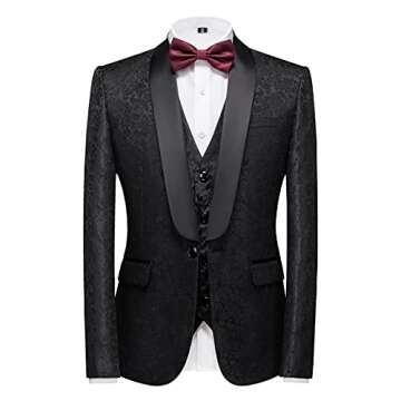 KUDORO Mens Suits Slim Fit 3 Piece Black Tuxedo Suit Set for Prom Wedding Party Paisley Jacket Vest ...