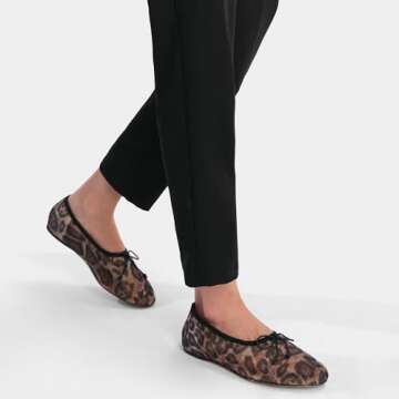 VorisVina Mesh Leopard Print Ballet Flats for Women Bow Round Toe Mary Jane Flats Comfortable Casual Ballerina Shoes