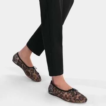 VorisVina Mesh Leopard Print Ballet Flats for Women Bow Round Toe Mary Jane Flats Comfortable Casual Ballerina Shoes