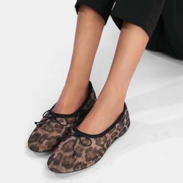VorisVina Mesh Leopard Print Ballet Flats for Women Bow Round Toe Mary Jane Flats Comfortable Casual Ballerina Shoes