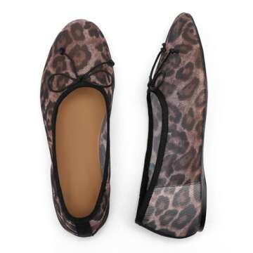 VorisVina Mesh Leopard Print Ballet Flats for Women Bow Round Toe Mary Jane Flats Comfortable Casual Ballerina Shoes