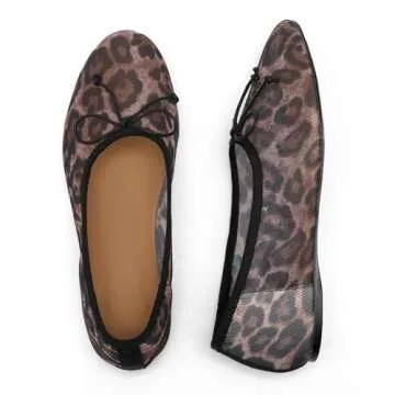 VorisVina Mesh Leopard Print Ballet Flats for Women Bow Round Toe Mary Jane Flats Comfortable Casual Ballerina Shoes