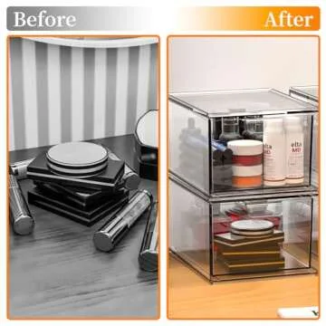 4 Pack Stackable Storage Drawers,4.5'' Tall Acrylic Bathroom Makeup Organizer,Plastic Storage Bins with Handles for Vanity,Home Kitchen Cabinets Office Organization and Storage