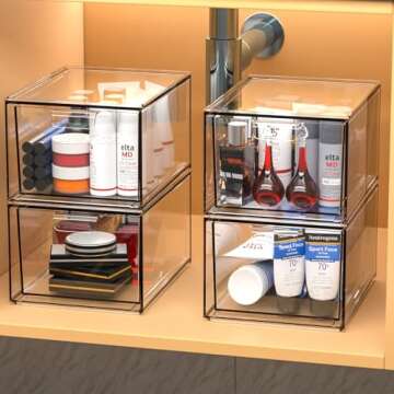 4 Pack Stackable Storage Drawers,4.5'' Tall Acrylic Bathroom Makeup Organizer,Plastic Storage Bins with Handles for Vanity,Home Kitchen Cabinets Office Organization and Storage