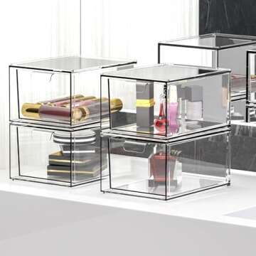 4 Pack Stackable Storage Drawers,4.5'' Tall Acrylic Bathroom Makeup Organizer,Plastic Storage Bins with Handles for Vanity,Home Kitchen Cabinets Office Organization and Storage