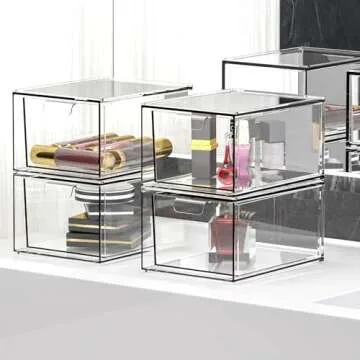 4 Pack Stackable Storage Drawers,4.5'' Tall Acrylic Bathroom Makeup Organizer,Plastic Storage Bins with Handles for Vanity,Home Kitchen Cabinets Office Organization and Storage
