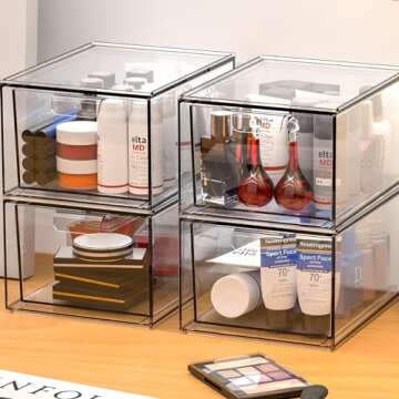 4 Pack Stackable Storage Drawers,4.5'' Tall Acrylic Bathroom Makeup Organizer,Plastic Storage Bins with Handles for Vanity,Home Kitchen Cabinets Office Organization and Storage