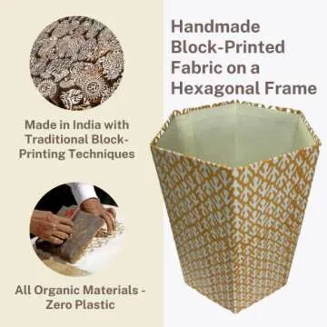 Fern Trail 3.3 Gallon Waste Basket | Small Decorative Block Printed Trash Can | Living Room, Bedroom, Bathroom | Eco Friendly and Plastic Free