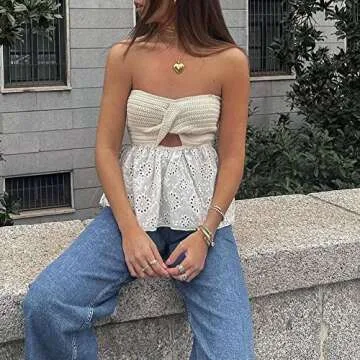 MISSACTIVER Women Twist Knot Knit Bandeau Tube Top Embroidery Strapless Off Shoulder Backless Hollow Crop Tank Corset Top(Small,Apricot)